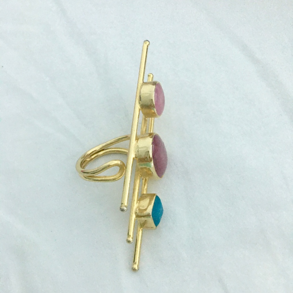 Gold Pl Ring With Agate. Size Adjustable Nwot - image 3